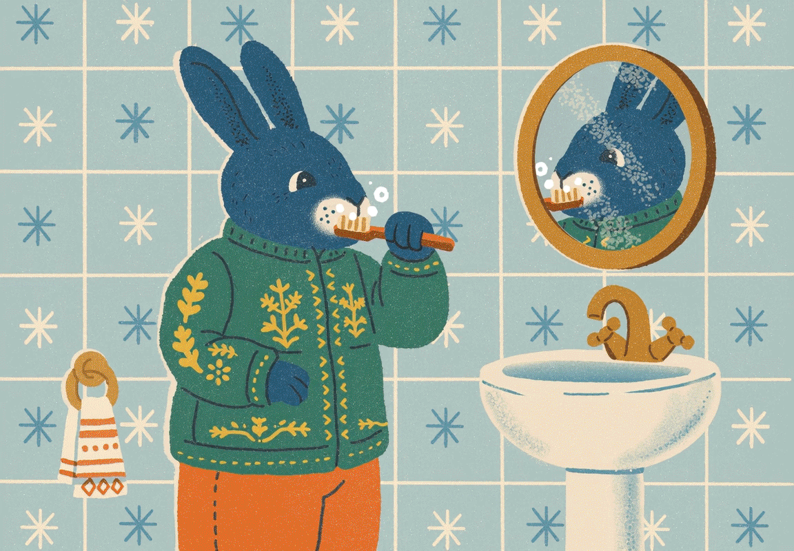 Bunny brushing teeth illustration
